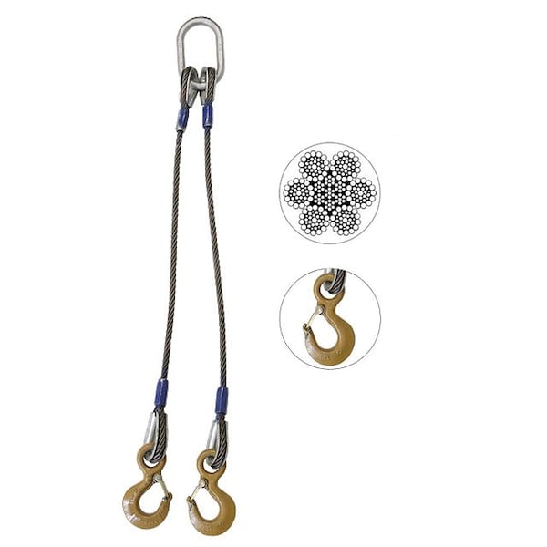 Wire Rope Sling - 2 Leg Bridle w/ Eye Hooks - 5/8" x 4' - Domestic